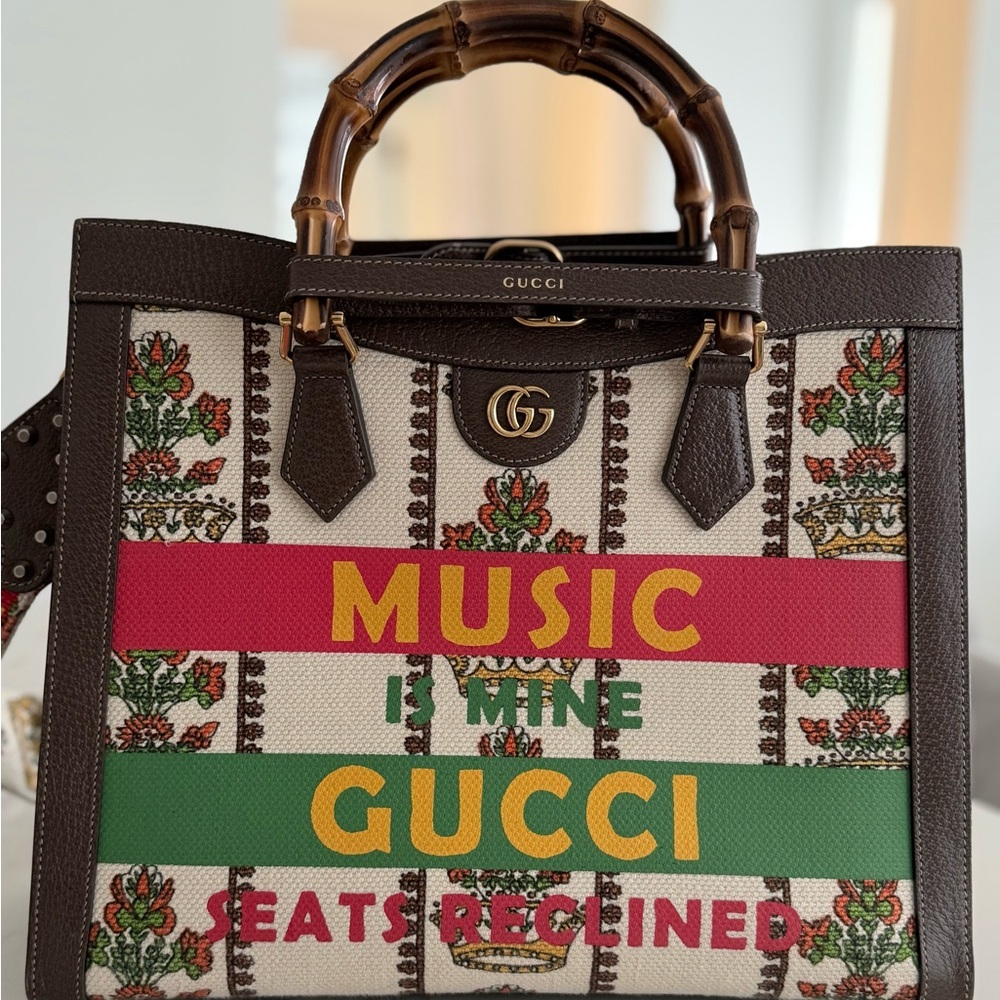Gucci Canvas Tote with Bamboo Handles and Bold Text